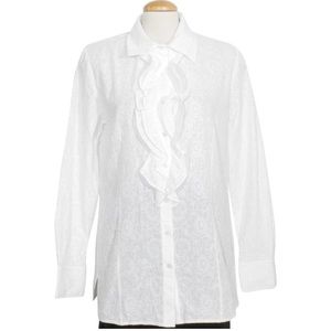 DANA BUCHMAN white, embroidered tuxedo, front ruffle, button down shirt. Sz 8